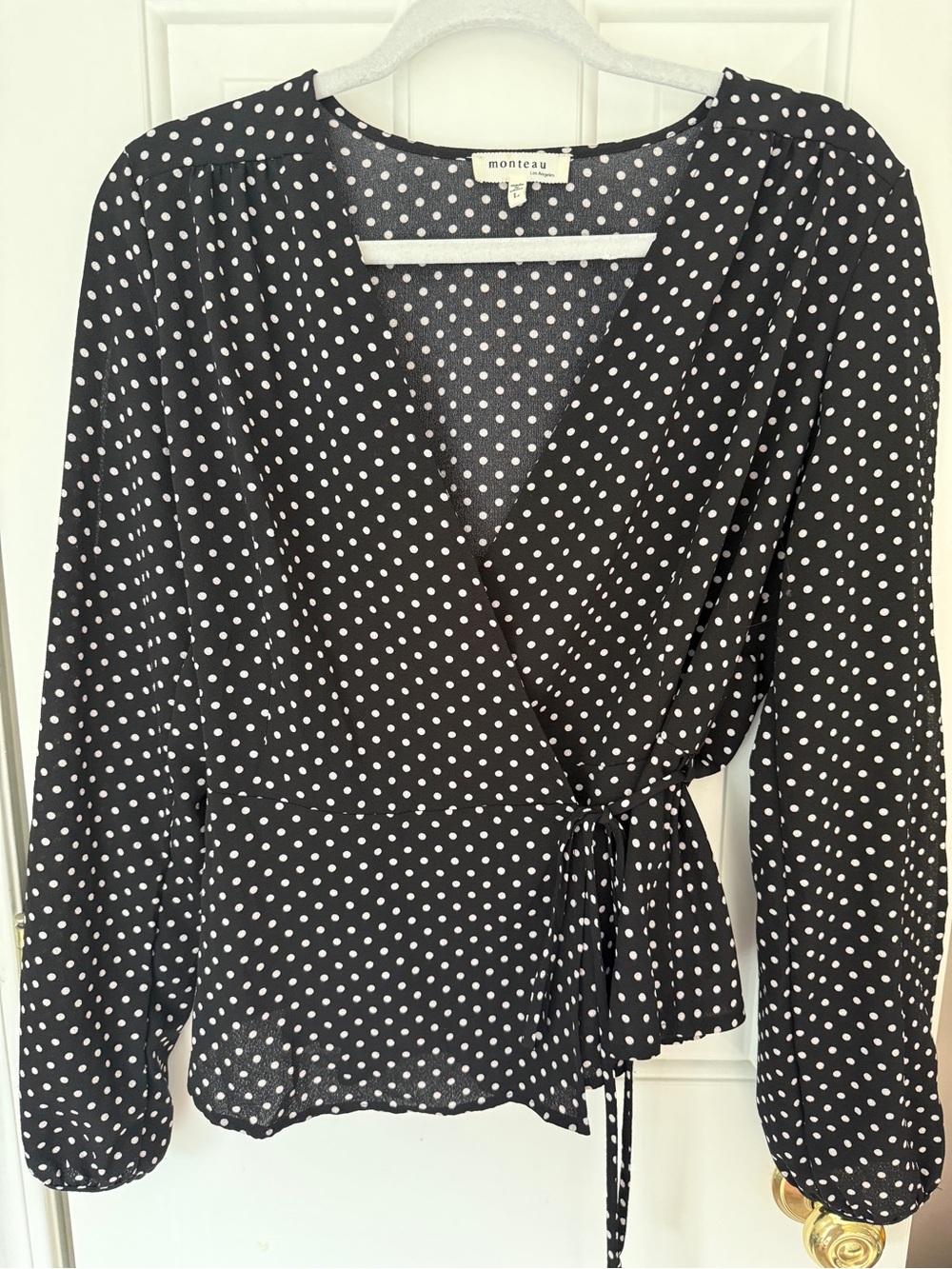 Monteau Black and White Polka Dot Wrap Blouse